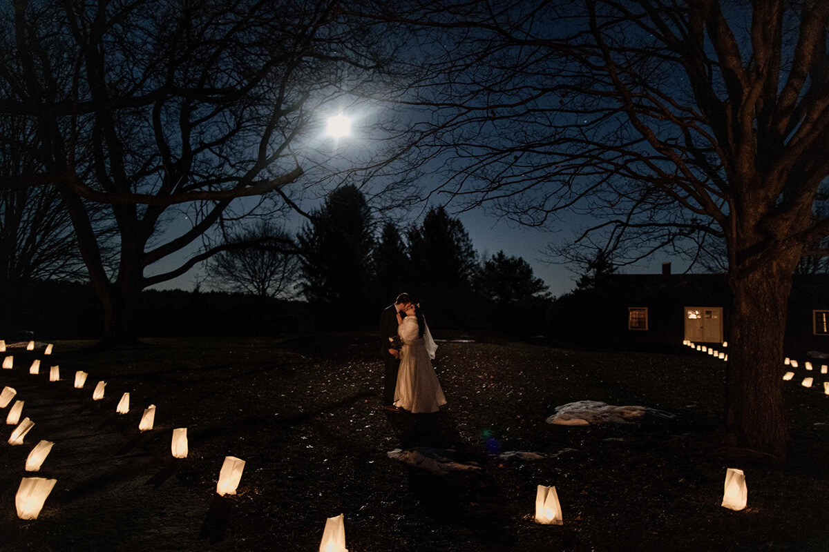 Intimate newlyweds outdoors during evening wedding at Providence Barn.