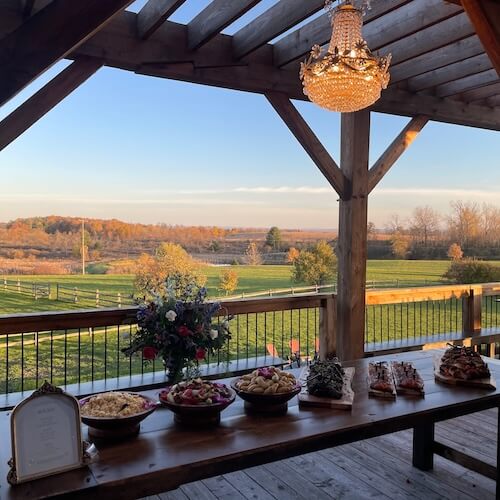 View of scenic pasture from rustic barn during cocktail hour.